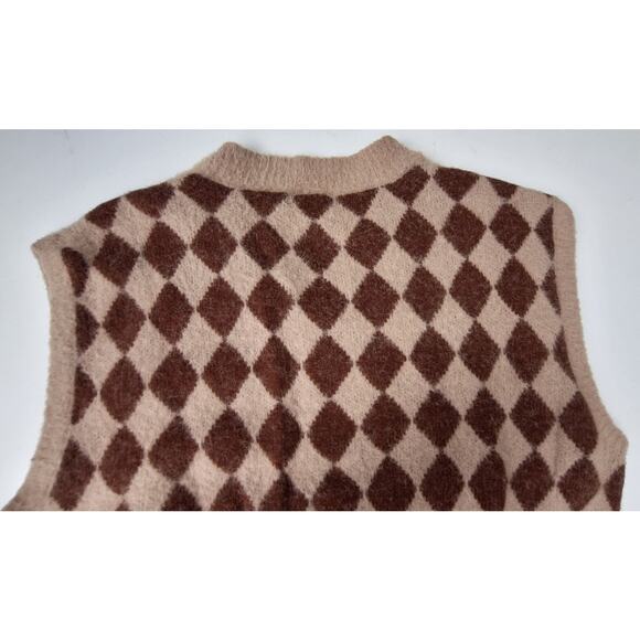 Sincerely Jules Fuzzy V neck Argyle Sweater Vest Brown Tan Size M Academia - Picture 7 of 8